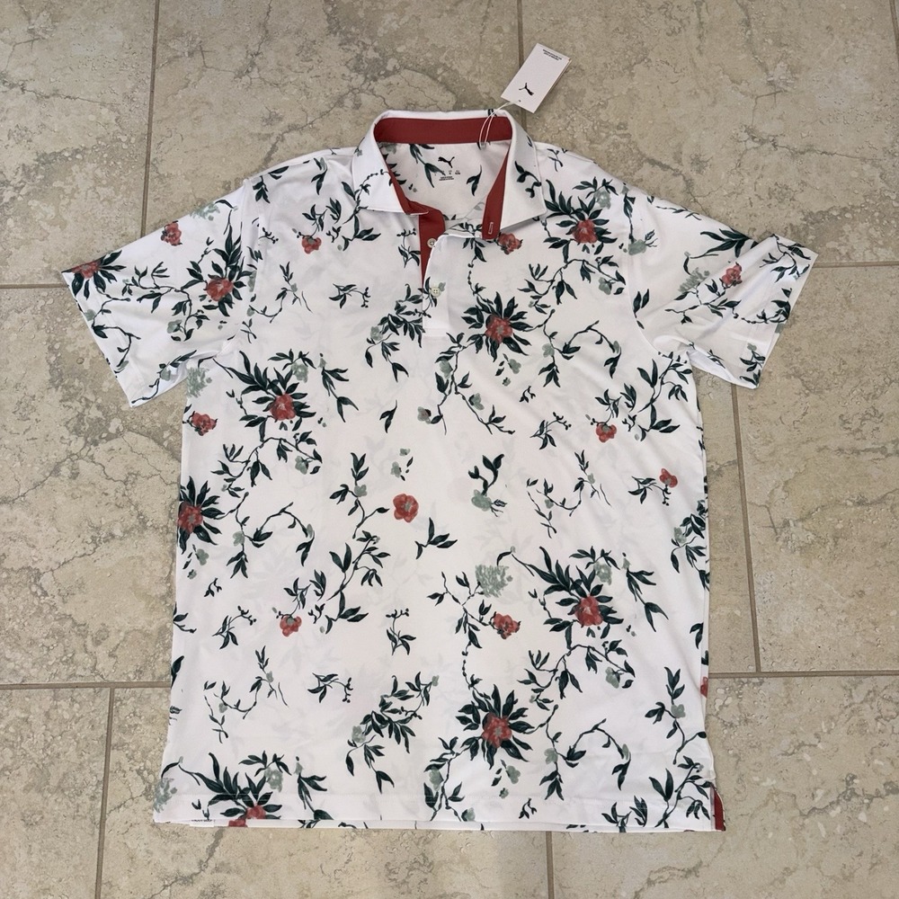 Puma MATTR Golf Polo Mens Large White Glow Water Floral Performance Shirt New